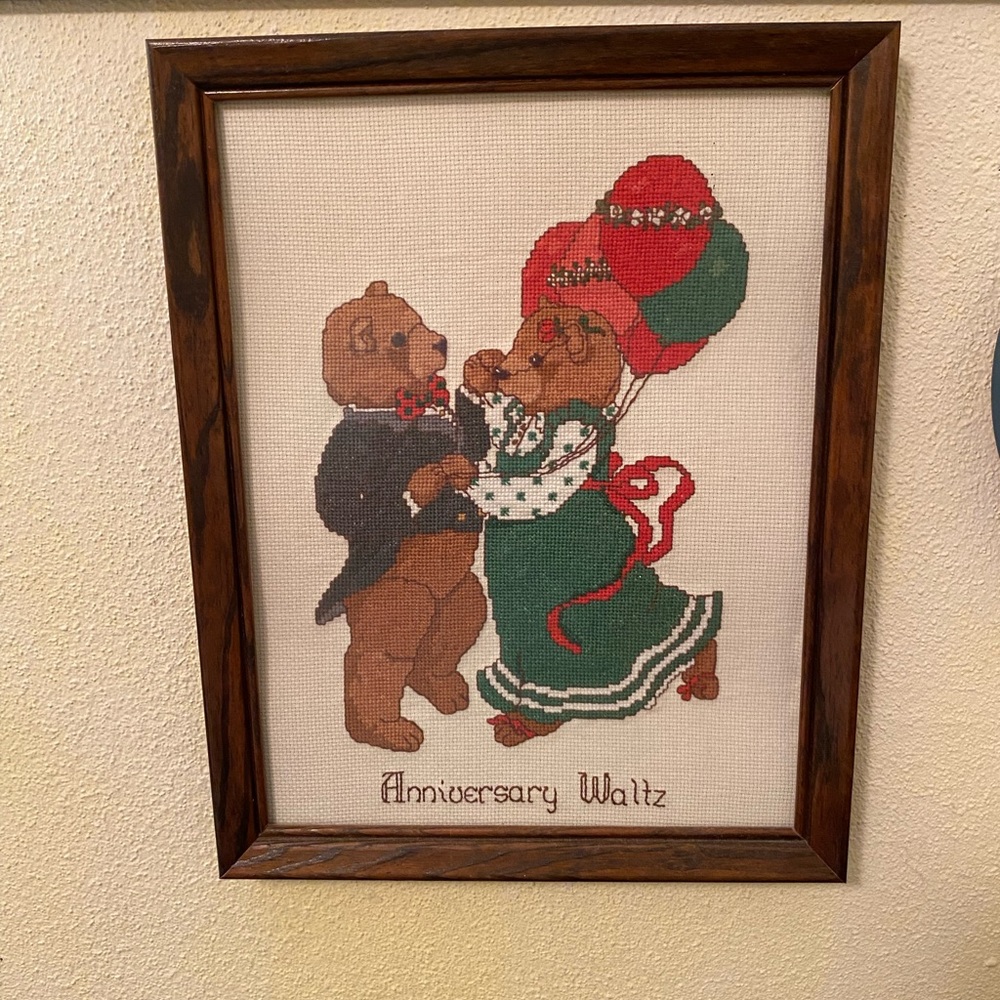 Teddy Bear cross-stitched wall hanging. Vintage in wooden frame